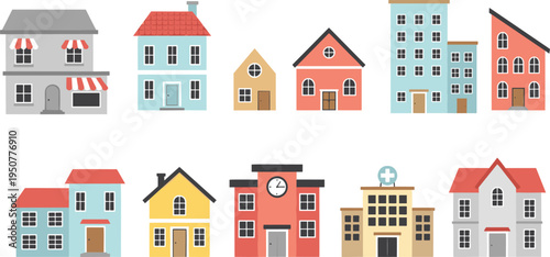 Colorful, building, house, icon, collection, city, architecture, home, school, hospital, shop, apartment, flat, vector, urban, town, illustration, design, isolated, set
