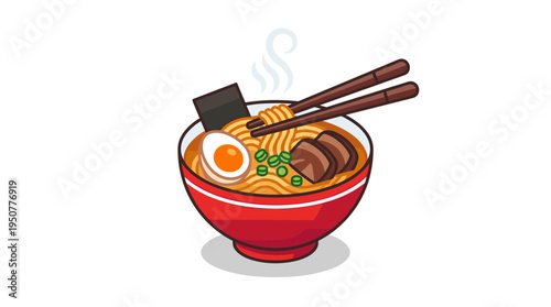 Bowl of steaming ramen with chopsticks and garnishes