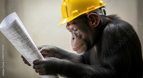 Chimpanzee (Pan troglodytes) architect with yellow helmet, blueprint exam, expert and concentrated mood