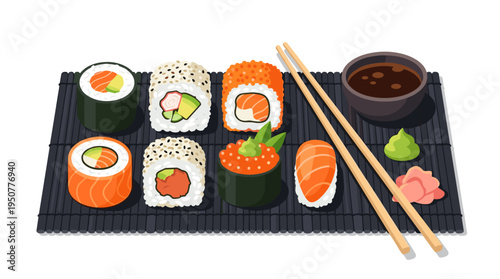 Assortment of sushi rolls, sashimi, and accompaniments on mat