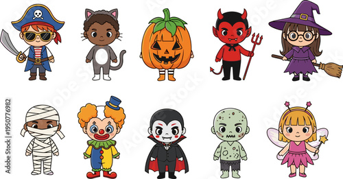 Cute Halloween kids costume characters collection pirate cat pumpkin devil witch mummy clown vampire zombie fairy cartoon illustration set