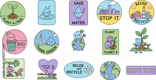 Eco, environment, sustainability, recycle, green, earth, save water, plant tree, climate, nature, conservation, cartoon, vector, illustration, ecology, planet, awareness, icons, set, collection