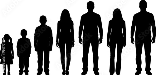 Human growth stages silhouette set, children to adults evolution, male female body d