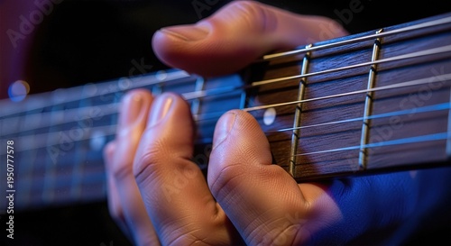 Fingers on electric guitar strings, music detail, passion and concentration mood