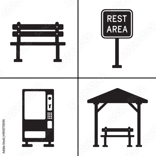 Black and white of park rest area amenities bench sign vending machine shelter