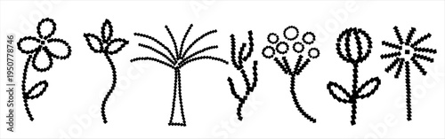 Y2k Pixel flower doodle set in retro blocky vector style with bold geometric shapes. Retro trendy brutal style. Minimal black symbols with organic line. Poster bitmap art for logo design, sticker