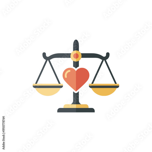 Conceptual flat design illustration depicting a balance scale with a heart, symbolizing love, justice, fairness, and emotional equilibrium in decisions