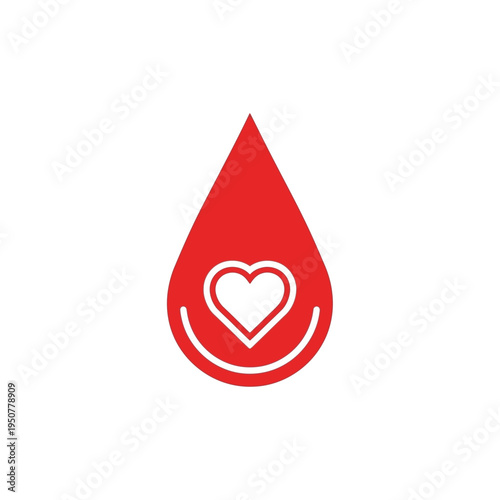 Red blood drop with a white heart inside symbolizing donation and love