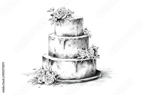 Hand Drawn Wedding Cake Illustration with Roses