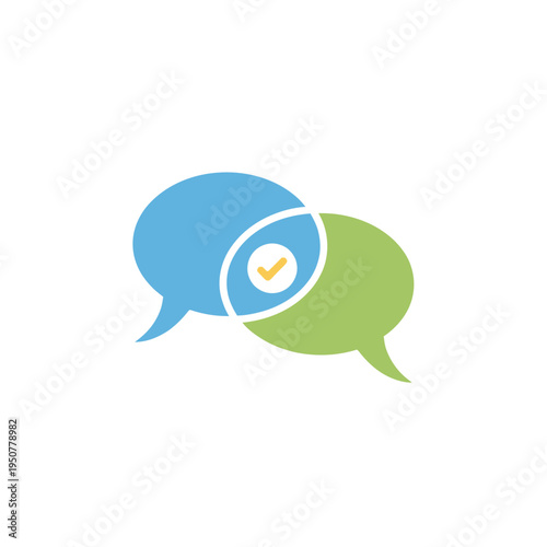 Two speech bubbles, one blue and one green, with a checkmark in the overlapping section, symbolizing agreement or resolution
