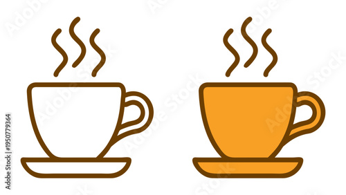 Coffee Cup Duo: A pair of minimalist illustrations of coffee cups, one in classic white, the other a warm orange hue, both exuding the inviting aroma of freshly brewed coffee with wisps of steam.