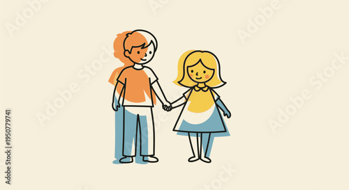Cartoon Couple Holding Hands Together Smiling.