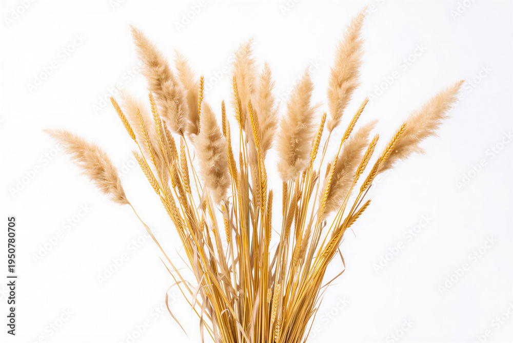 Fototapeta premium Dried wheat and pampas grass bouquet on white background transparent background
