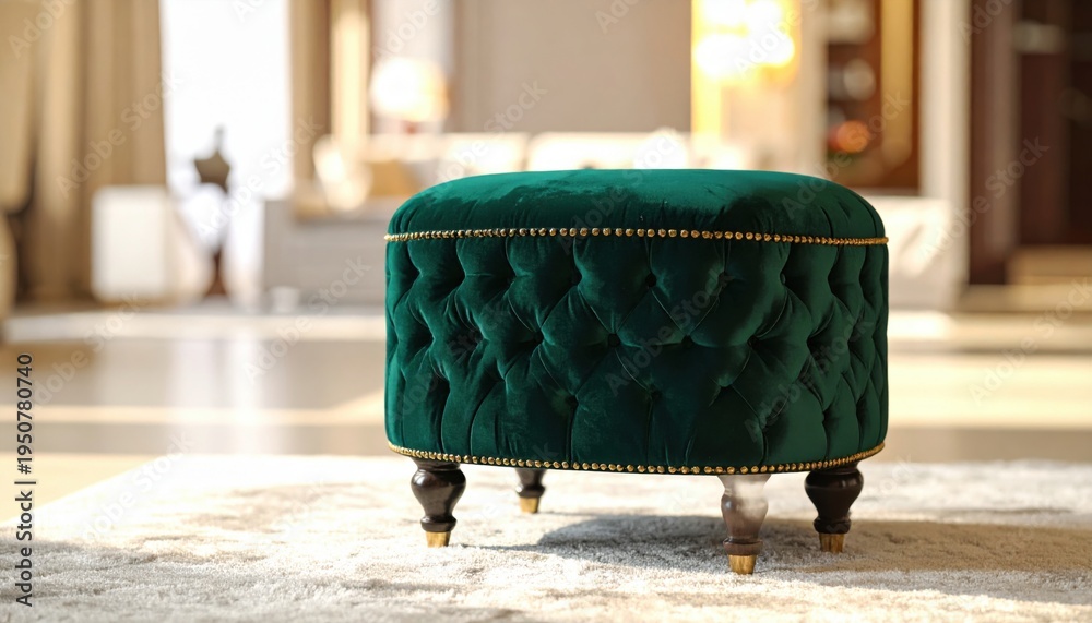 Fototapeta premium Elegant emerald green velvet tufted ottoman with gold trim and carved legs