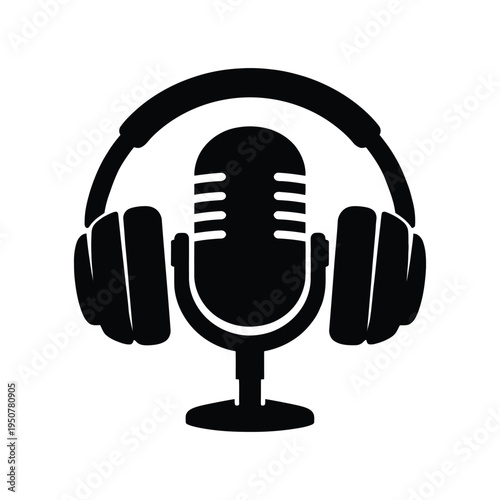 silhouette of microphone and headphone podcast audio recording design logo icon