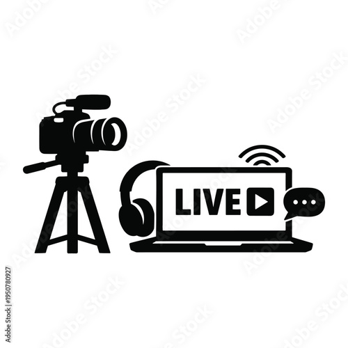 silhouette of digital live streaming or broadcasting setup vector icon on white background