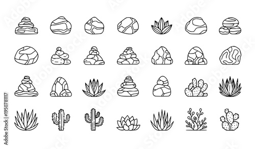 Desert rock and cactus outline vector set with landscape stones and succulent plants