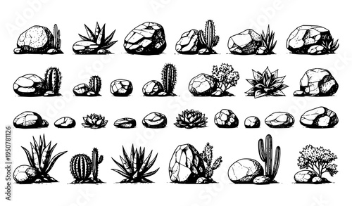 Desert stones and plants sketch vector set with cactus agave and rock landscape elements