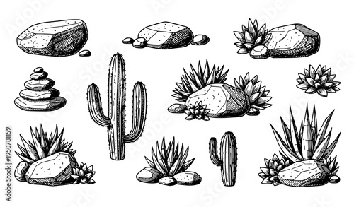 Hand drawn desert stones and cactus plants vector collection with natural rock landscape elements