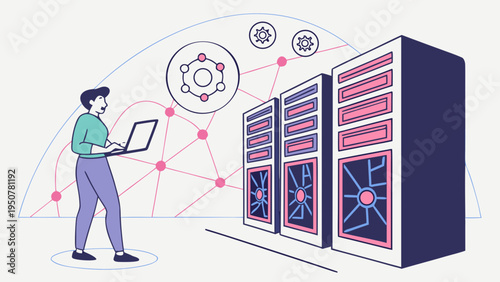 A successful businessman and woman carry shopping bags and a cart in this flat vector illustration concept featuring business people, finance charts, and work icons