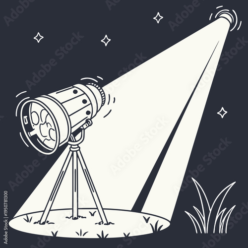 An isolated 3D astronomy telescope instrument with a black lens and tripod stand is positioned against a blue studio background under softbox light equipment