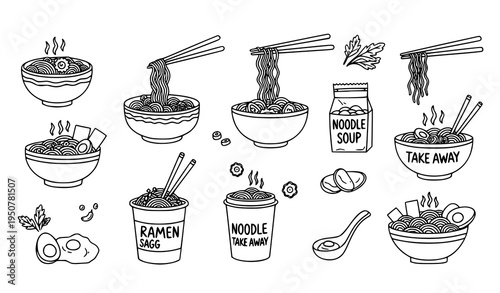 Ramen noodle doodle vector icon set with Asian food bowls chopsticks and restaurant menu clipart