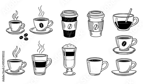 Coffee cups hand drawn doodle vector set with steaming mugs espresso cups and cafe drink icons