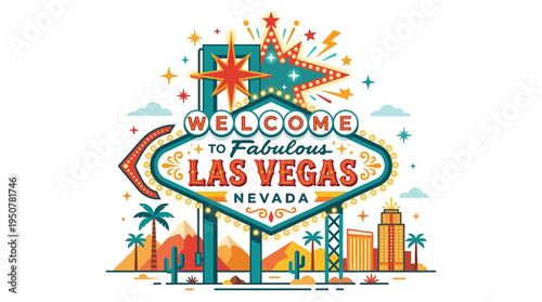 Welcome to Fabulous Las Vegas Nevada sign illustration with palm trees and desert landscape background