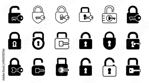 Collection of various key and lock icons representing security and access concepts