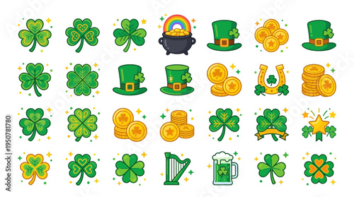 Saint Patrick's Day Celebration Icons Featuring Shamrocks, Leprechaun Hats, Gold Coins, and Harps