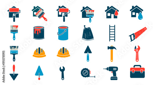 Variety of construction and home renovation tools colorful and creative icons