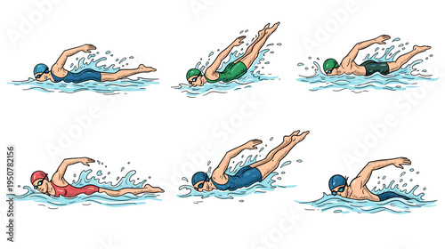 Dynamic swimmers dive into water creating splash action and energy concept art