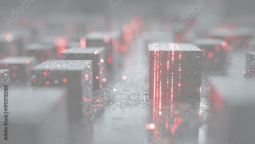 赤い光が走るダークなキューブのグリッド