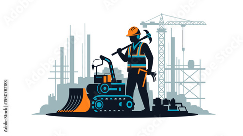 Illustration of a worker with a pickaxe and machinery at a construction site
