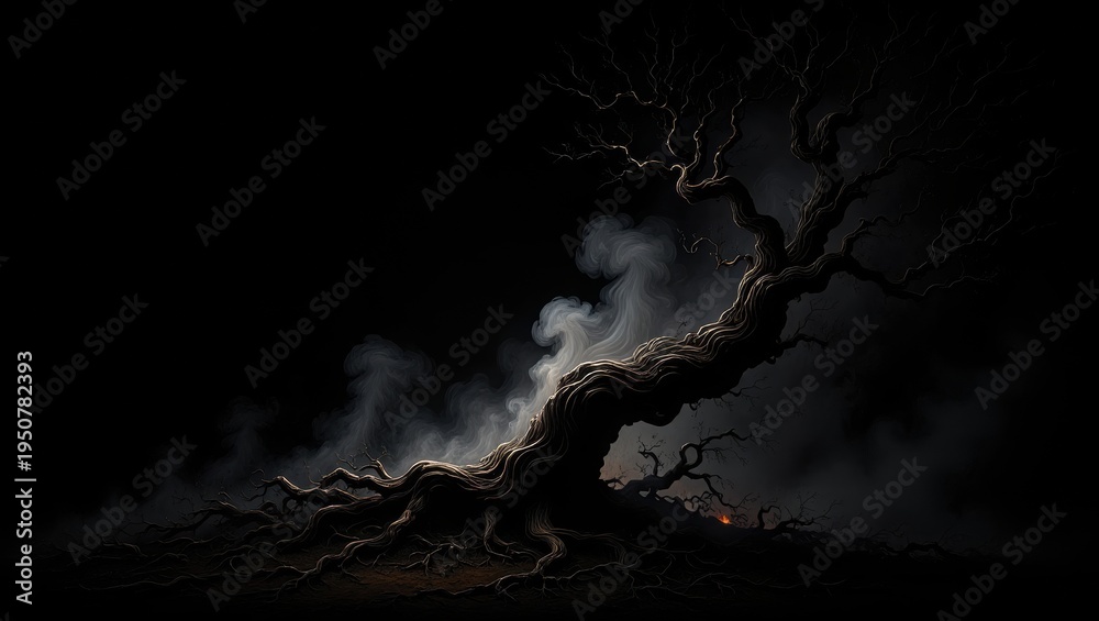 Fototapeta premium Gnarled Tree with Eerie Smoke and Glowing Roots