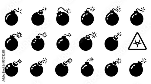 Set of black bomb icons with burning fuses and skull hazard symbol