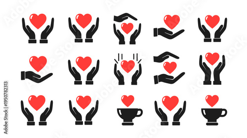 Collection of Heart and Hand Icons Showing Care Give Protect Share and Receive