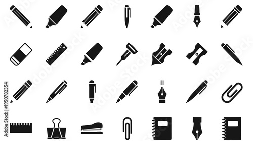 Stationery Icons Collection: Essential School and Office Supplies Black Silhouettes
