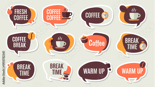 Collection of vibrant coffee-themed speech bubble stickers for casual beverage concepts