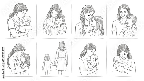 Monochromatic sketches depict various intimate moments of mother and child bonding