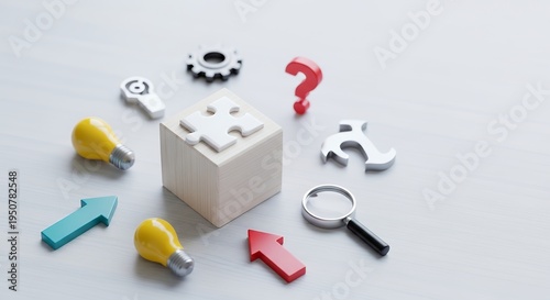 A white puzzle cube surrounded by colorful 3D icons including arrows and gears