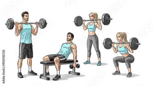 Illustration of individuals perform various strength training exercises with weights