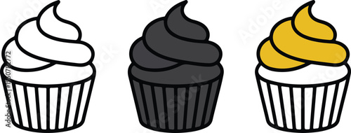 Minimalist Cupcake Icon Set Showing Line Art, Dark Gray, and Yellow Frosting Dessert Illustration in Clean Vector Style