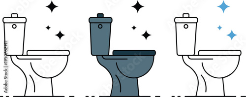 Minimalist Toilet Line Art Icon Set Showing Western Bathroom Fixtures with Stars and Gray Blue Center Vector Illustration