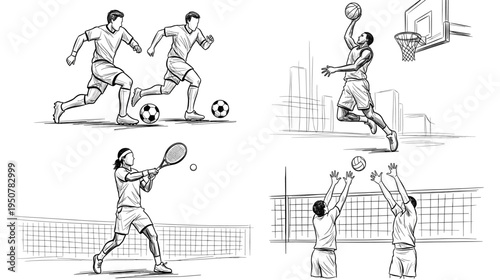 Dynamic action sketch featuring various athletes in motion playing popular ball sports