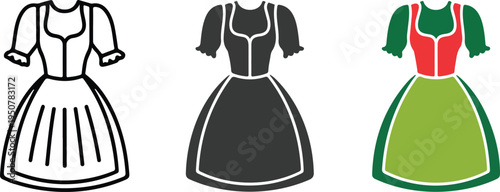 Minimalist German Dirndl Dress Illustration Set Showing Line Art, Silhouette, and Traditional Red and Green Folk Costume Vector