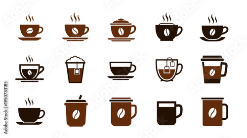 A collection of stylized coffee cup and briefcase icon variations flat vector design