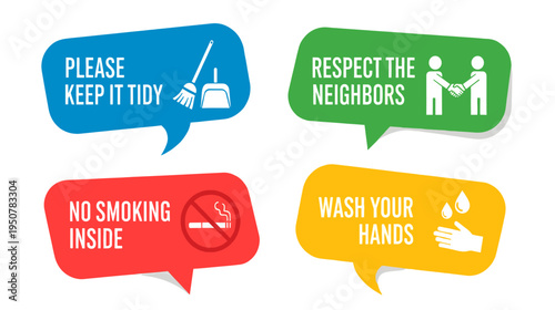 Collection of modern colorful vector stickers displaying common safety and etiquette rules