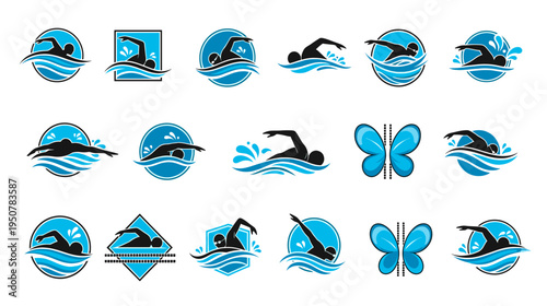 Dynamic Water Sport Swim Dive Aqua Motion Art Logos and Icons Set Illustrative