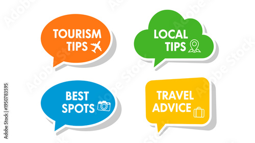 Colorful Speech Bubble Icons for Travel Tips Advice and Best Spot Guides
